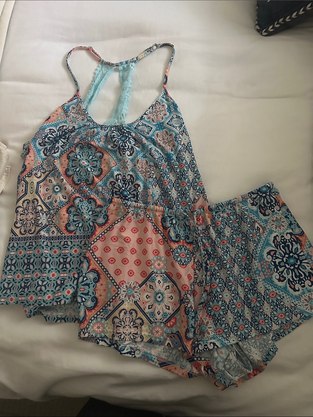 Paisley-Print Lace-Back Pajama Set in Teal and Coral